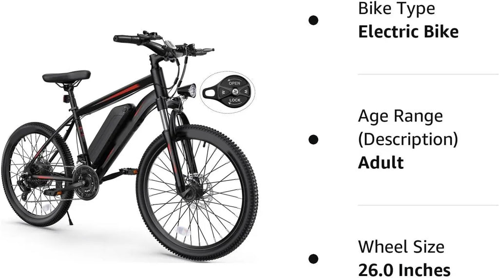 Electric Bike, Electric Bike for Adults 26'' Ebike with 350W Motor, 19.8MPH Electric Mountain Bike with Lockable Suspension Fork, Removable 36V/10.4Ah Battery, Professional 21 Speed Gears