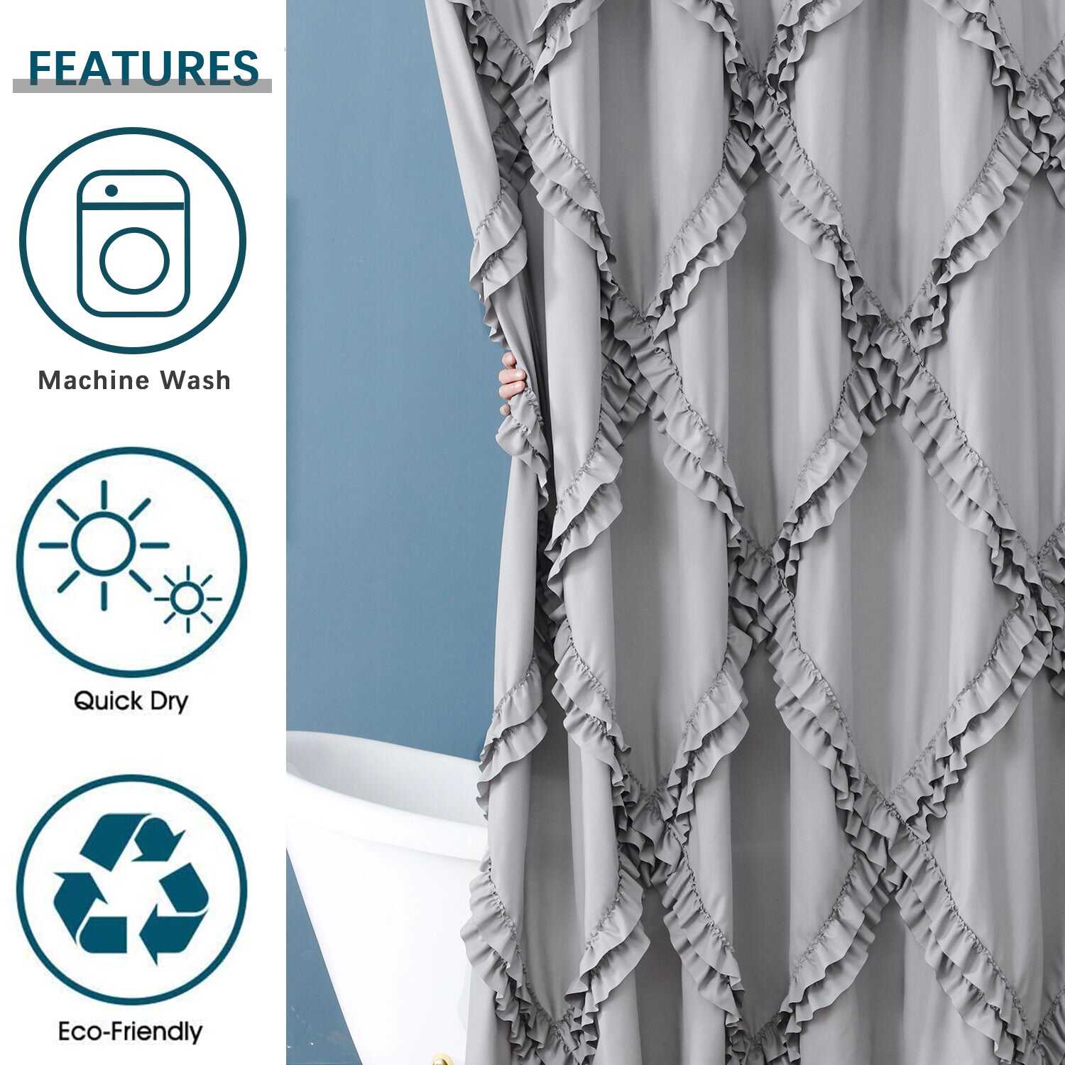HIG Luxurious Farmhouse Unique Ruffle Cloth Fabric Shower Curtain 72x72 Extra Long Bathroom Curtain