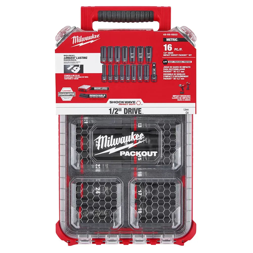 Milwaukee Pre-Sale 49-66-6803 SHOCKWAVE 1/2” Impact Duty Socket MM PACKOUT Set - 16 PC