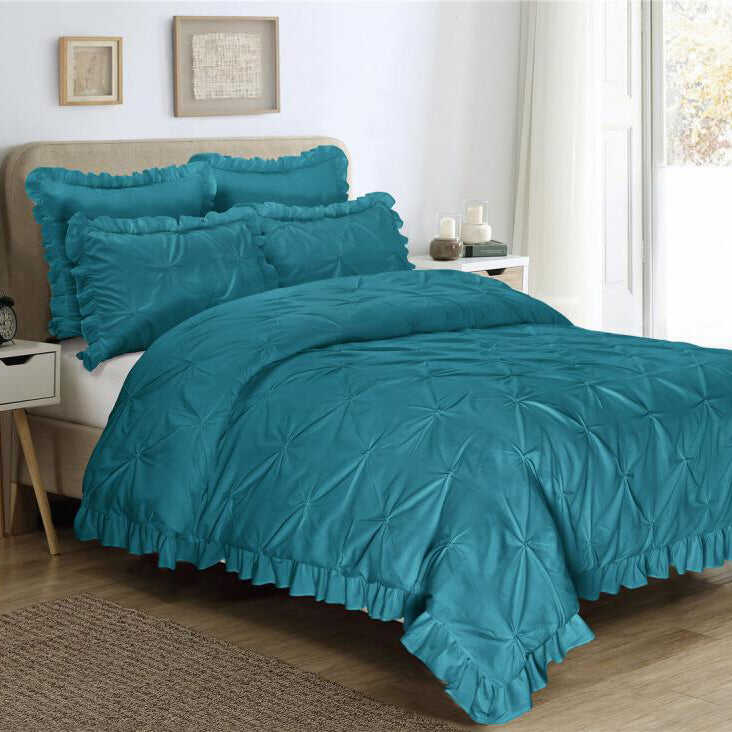 5 Piece Pinch Pleat Scallop Fringe Teal Bedding Comforter Set
