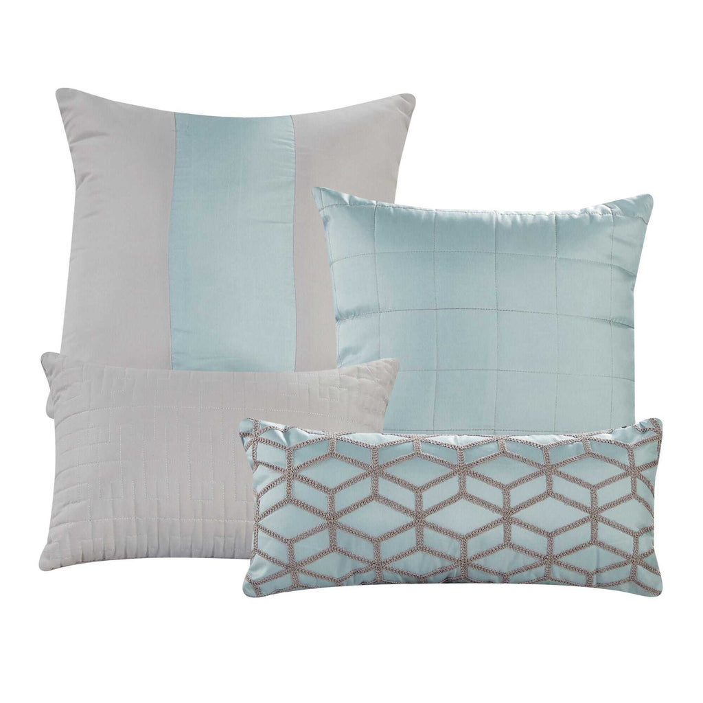 7 Piece Luxurious Quilted Gray and Aqua Patchwork Comforters Bed in a Bag Queen King Bedding Set