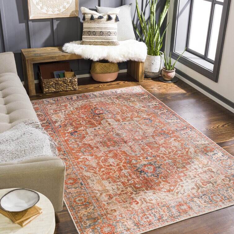 Mags Machine Washable Oriental Brick Red/Orange Area Rug
