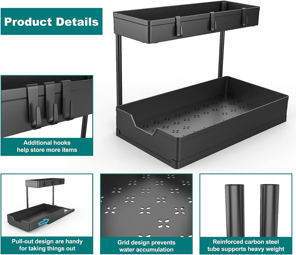 NATURE'S SOURCE Under Sink Organizers, 2 Pack Sliding L-shape Cabinet Organizers Narrow Space Storage Multi-purpose Sink Organizer for Bathroom Kitchen Drawer (White, 1 pack)