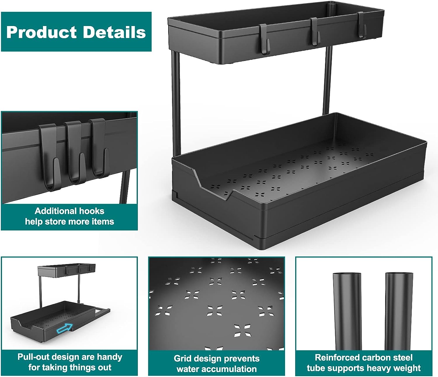 NATURE'S SOURCE Under Sink Organizers, 2 Pack Sliding L-shape Cabinet Organizers Narrow Space Storage Multi-purpose Sink Organizer for Bathroom Kitchen Drawer (White, 1 pack)