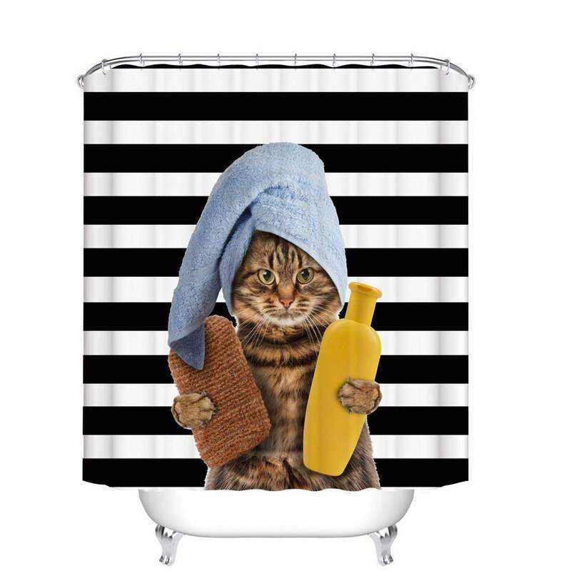 Animals Funny Cat Bathing Decor Bathroom Shower Curtain Head wrapped in bath towels cat Stripe background