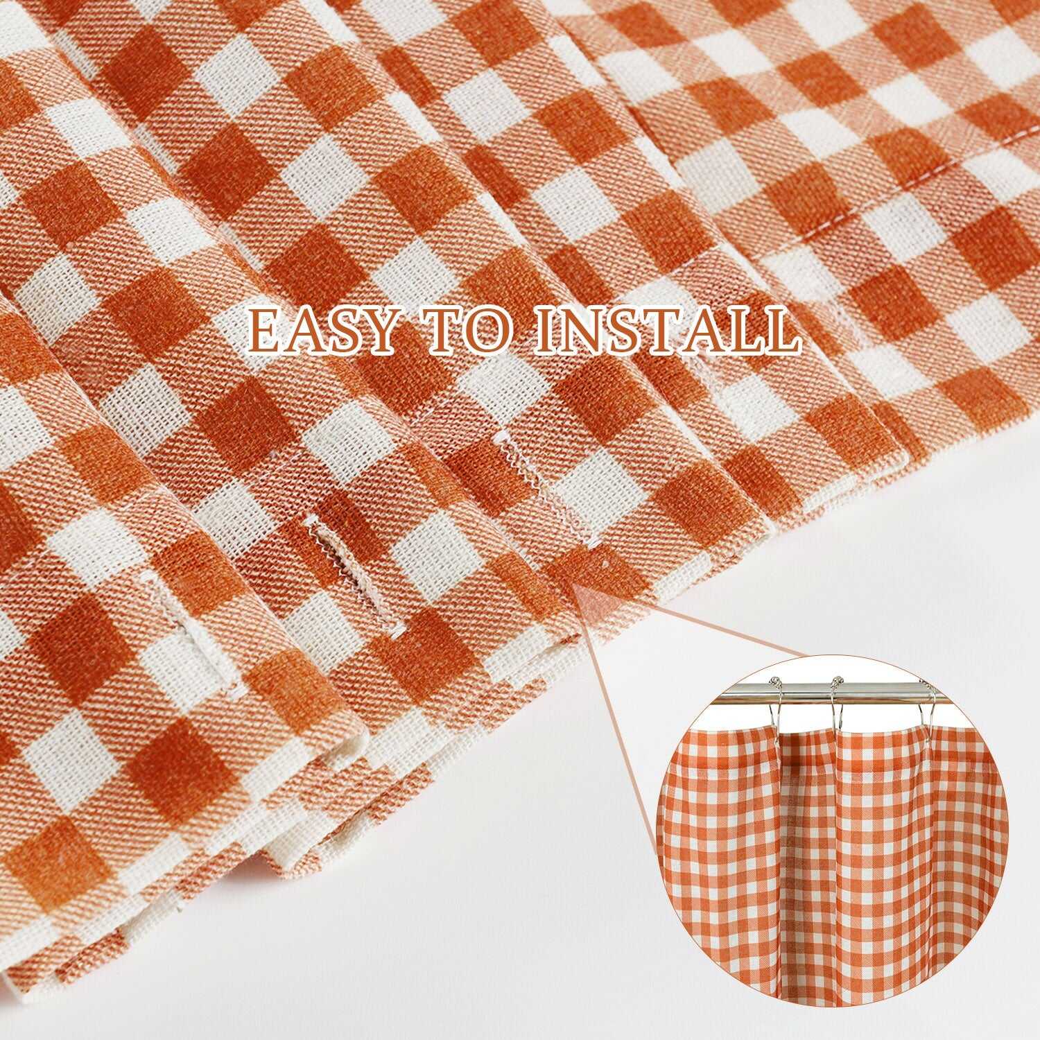 HIG Farmhouse Rust / Taupe with Ivory Buffalo Plaid Shower Curtain, Boho Rustic Decorative Bathroom Curtain with Buttons, Vintage Natural Textured Cotton Linen Fabric Shower Curtain, 72 x 72 In