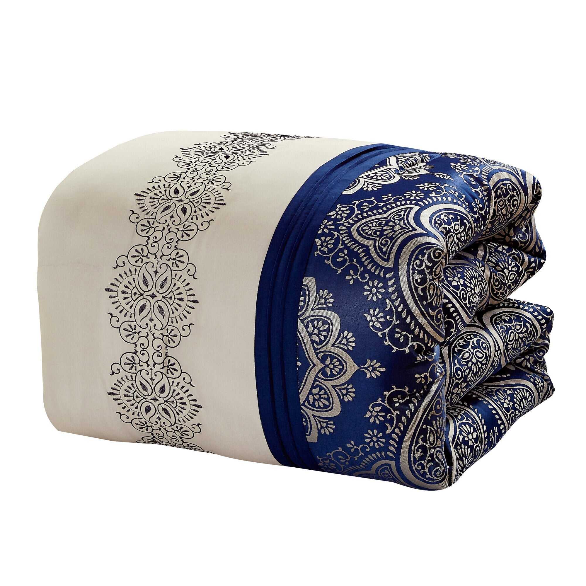 7 Piece Luxurious Navy Blue Jacquard Comforters Bed in a Bag Queen King Bedding Set