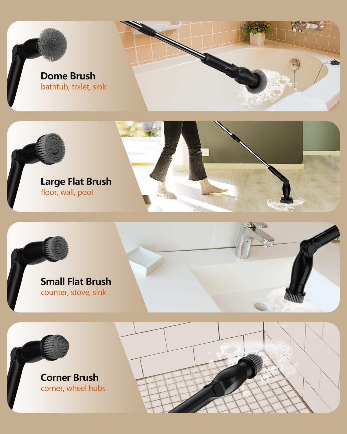 Leebein Electric Spin Scrubber, Cordless Cleaning Brush with 8 Replaceable Brush Heads, Tub and Floor Tile 360 Power Scrubber Dual Speed with Adjustable & Detachable Handle for Bathroom Kitchen Car