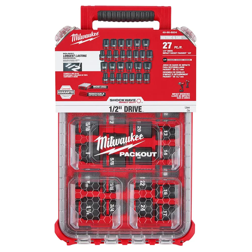 Milwaukee Pre-Sale 49-66-6804 SHOCKWAVE 1/2” Impact Duty Socket MM PACKOUT Set - 27 PC