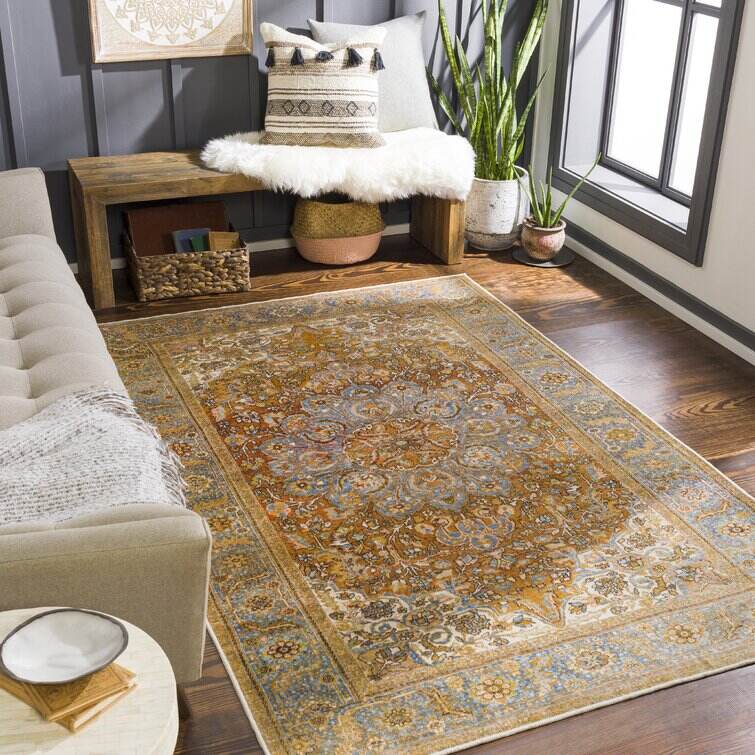 Mags Machine Washable Oriental Mustard/Medium Brown Area Rug
