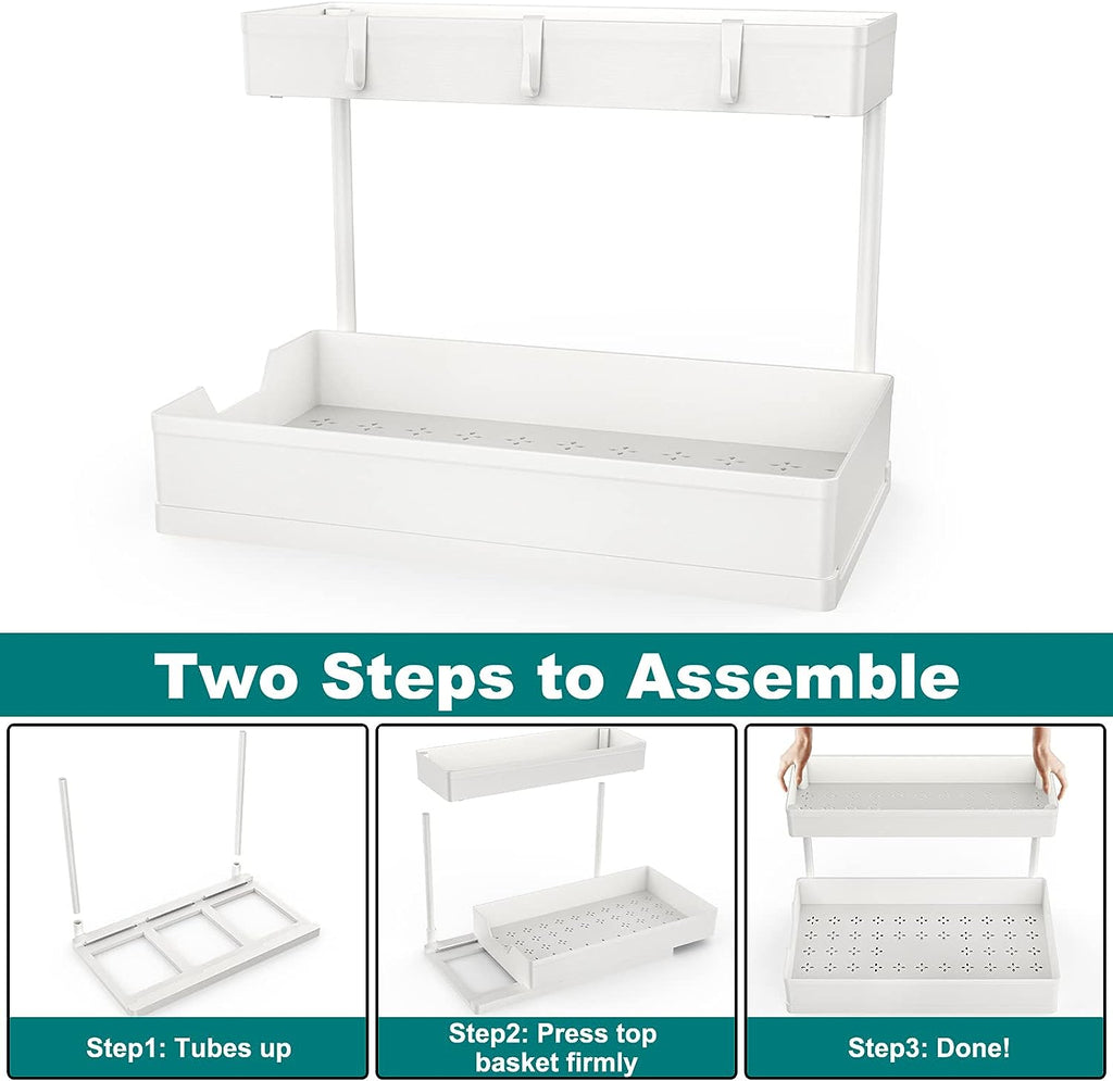 NATURE'S SOURCE Under Sink Organizers, 2 Pack Sliding L-shape Cabinet Organizers Narrow Space Storage Multi-purpose Sink Organizer for Bathroom Kitchen Drawer (White, 1 pack)