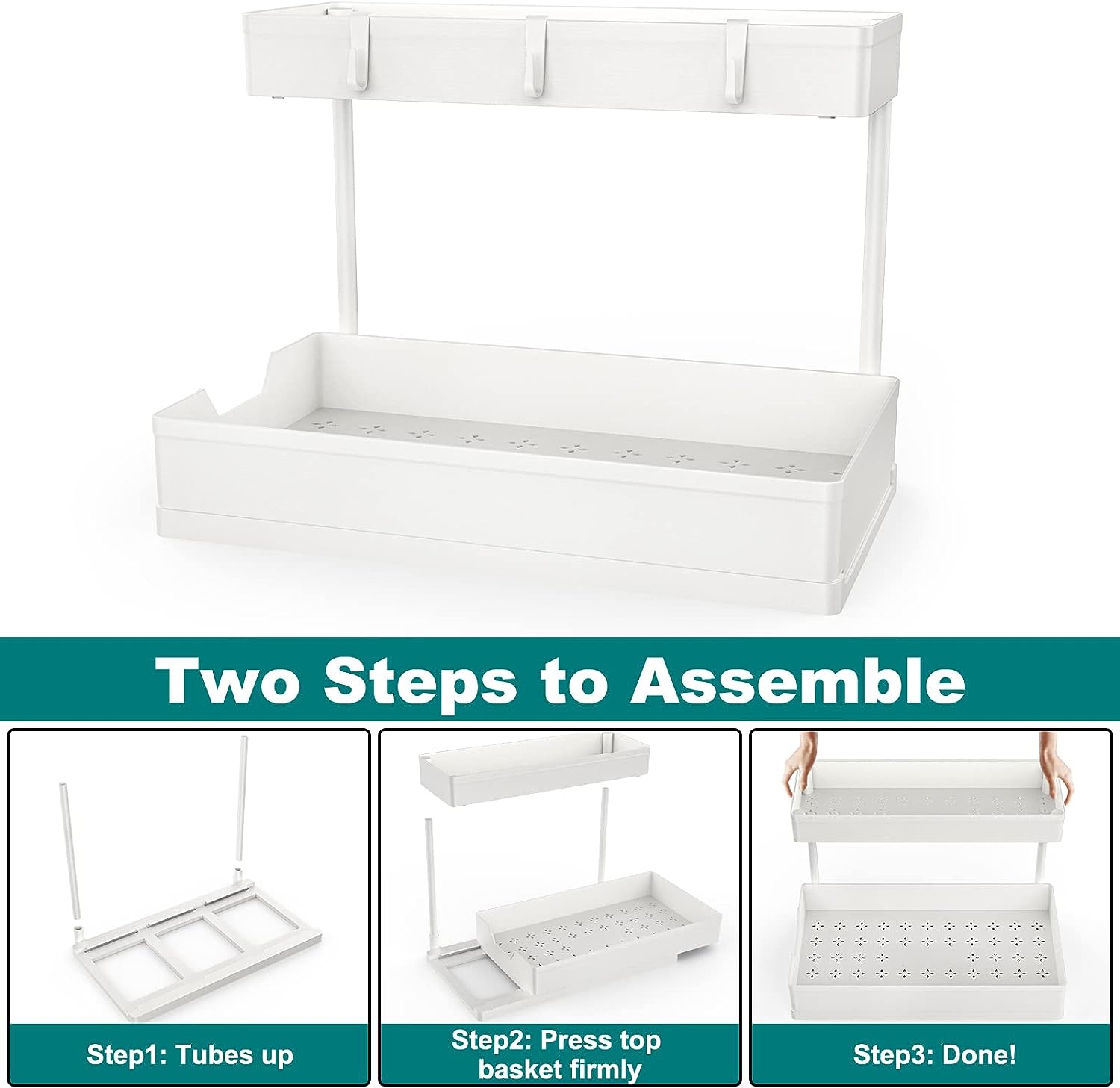 NATURE'S SOURCE Under Sink Organizers, 2 Pack Sliding L-shape Cabinet Organizers Narrow Space Storage Multi-purpose Sink Organizer for Bathroom Kitchen Drawer (White, 1 pack)