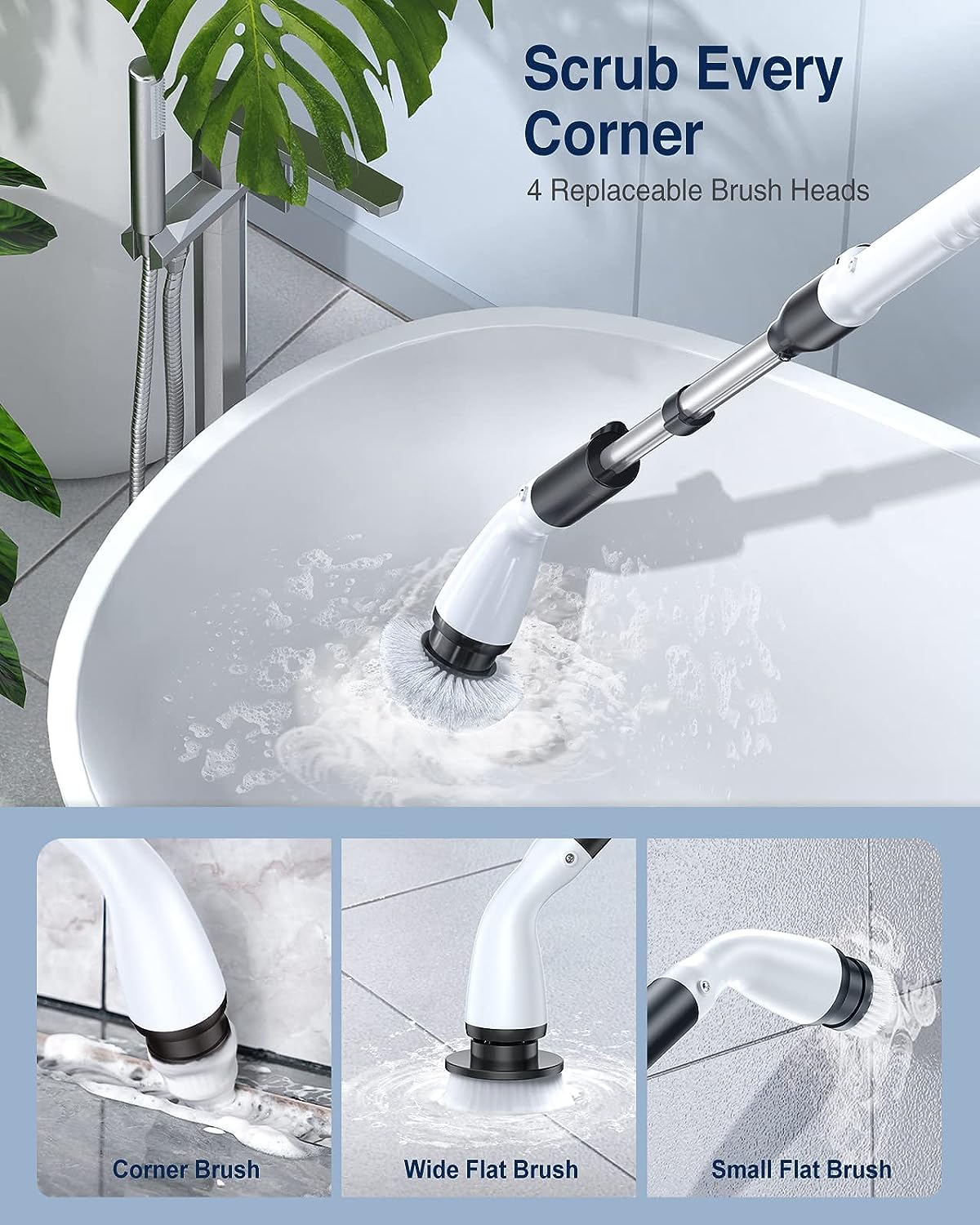 LABIGO Electric Spin Scrubber LA1 Pro, Cordless Spin Scrubber with 4 Replaceable Brush Heads and Adjustable Extension Handle, Power Cleaning Brush for Bathroom Floor Tile (White)