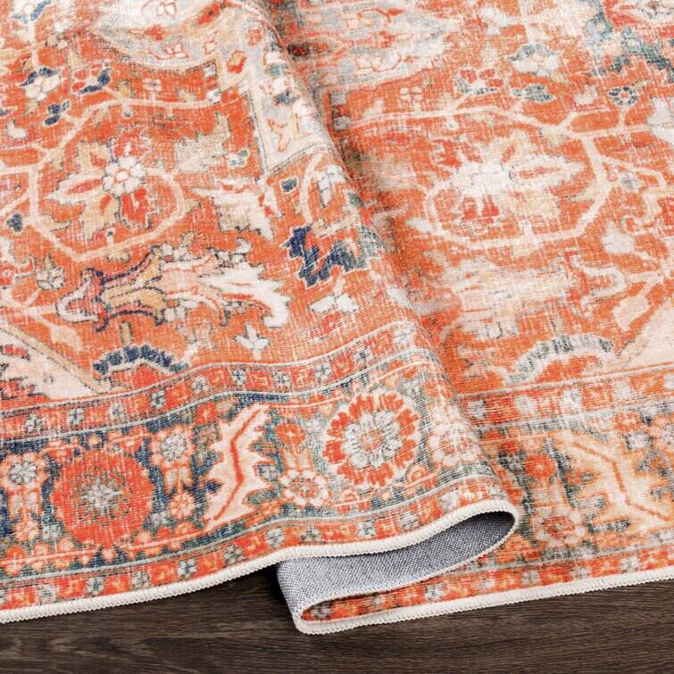 Mags Machine Washable Oriental Brick Red/Orange Area Rug