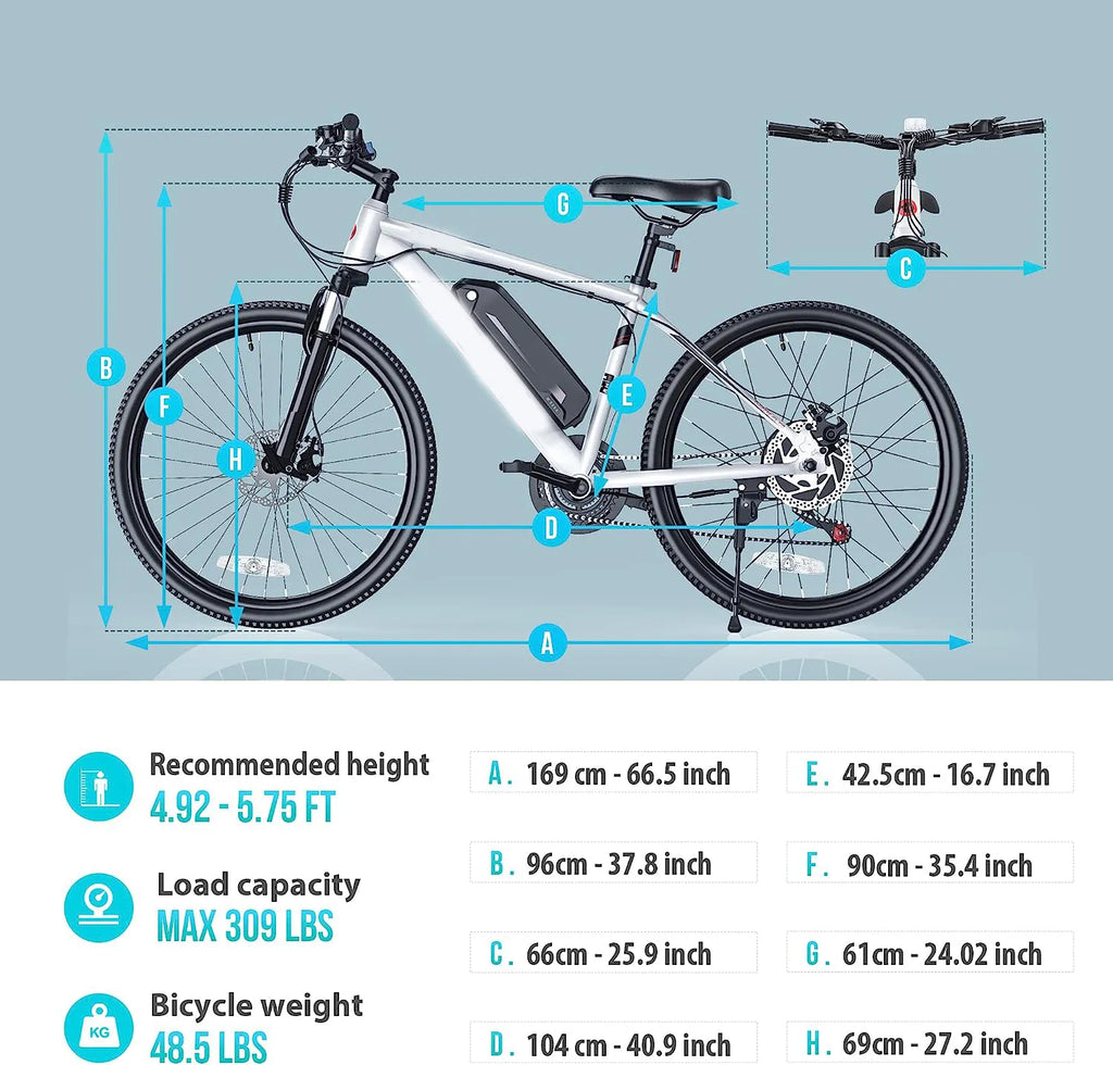 Electric Bike for Adults, 2X Faster Charge, 350W BAFANG Motor, 36V 10.4AH Removable Battery, 20MPH 26'' Mountain Ebike, Shimano 21 Speed, Suspension Fork, LED Display